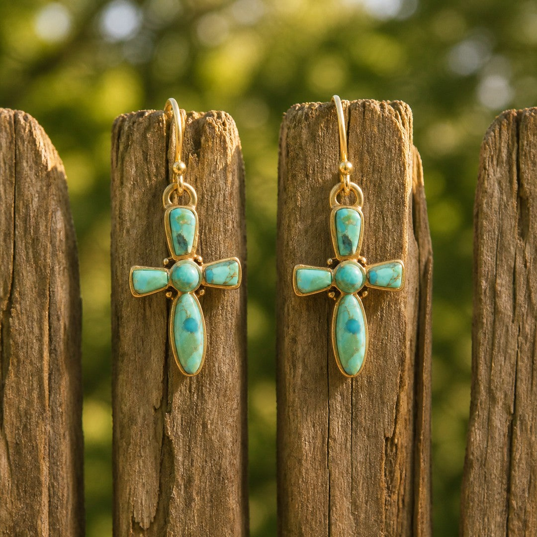 Full of Faith Blue Turquoise Cross Golden Drop Earrings