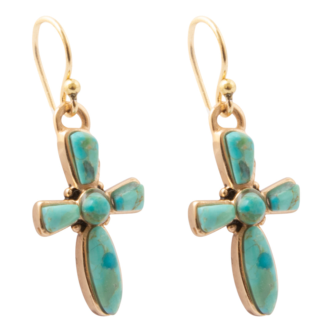 Full of Faith Blue Turquoise Cross Golden Drop Earrings