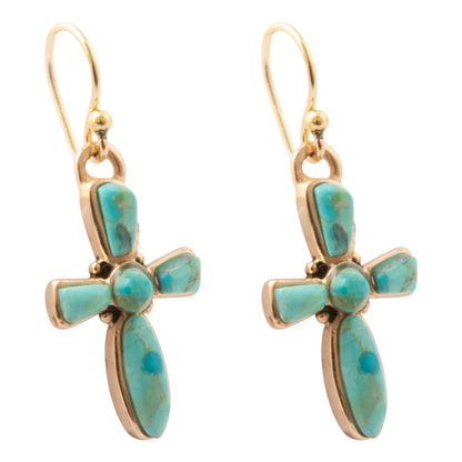 Full of Faith Blue Turquoise Cross Golden Drop Earrings