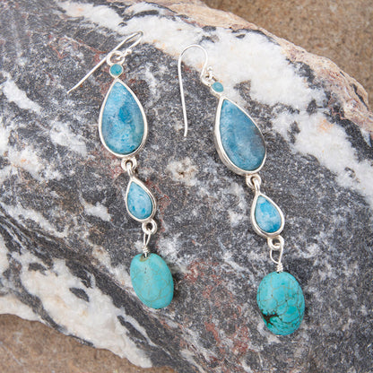 Ombre Blue Teal Apatite and Turquoise Sterling Drop Earrings