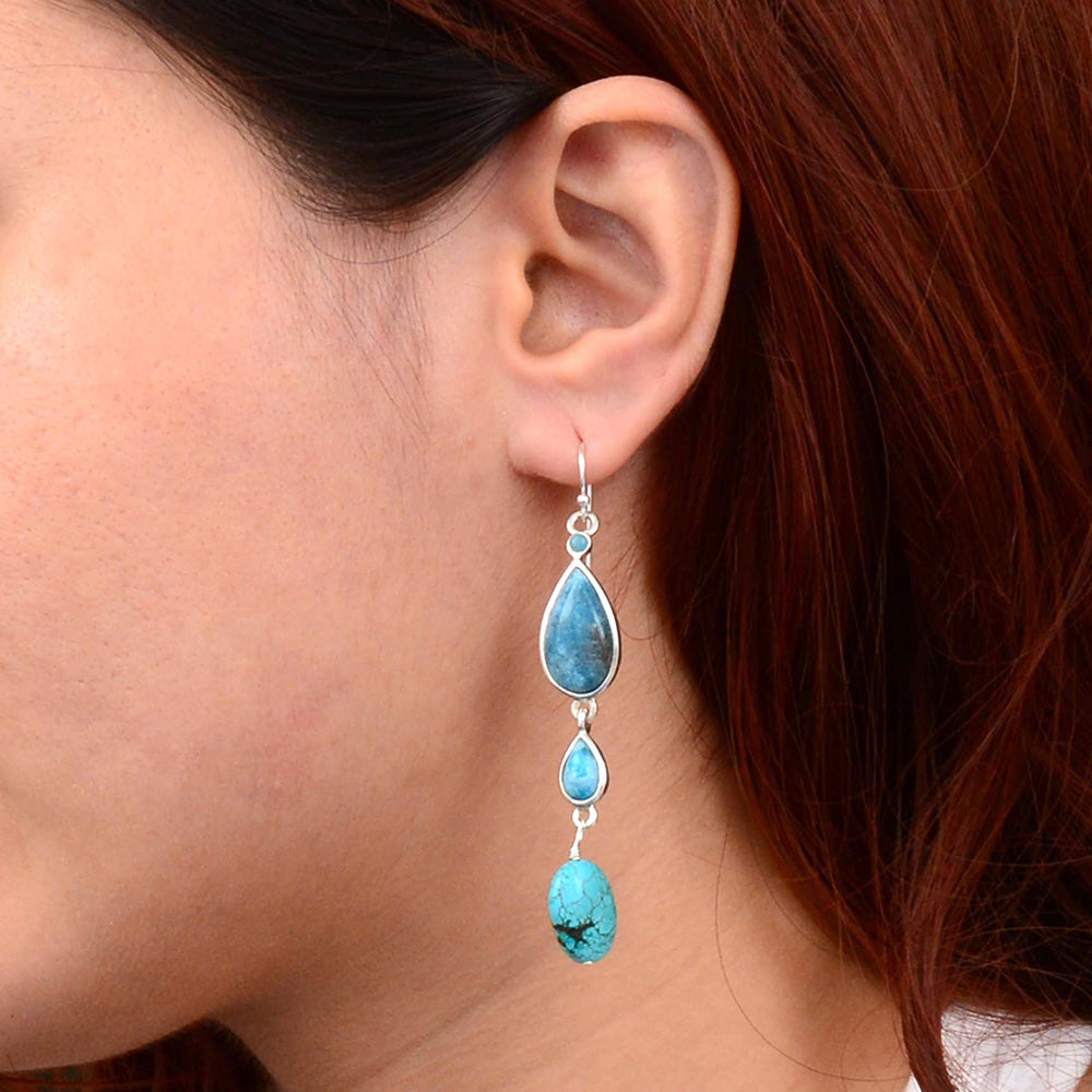 Ombre Blue Teal Apatite and Turquoise Sterling Drop Earrings