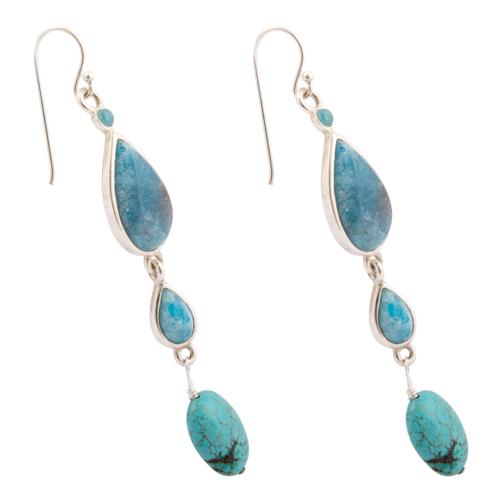 Ombre Blue Teal Apatite and Turquoise Sterling Drop Earrings