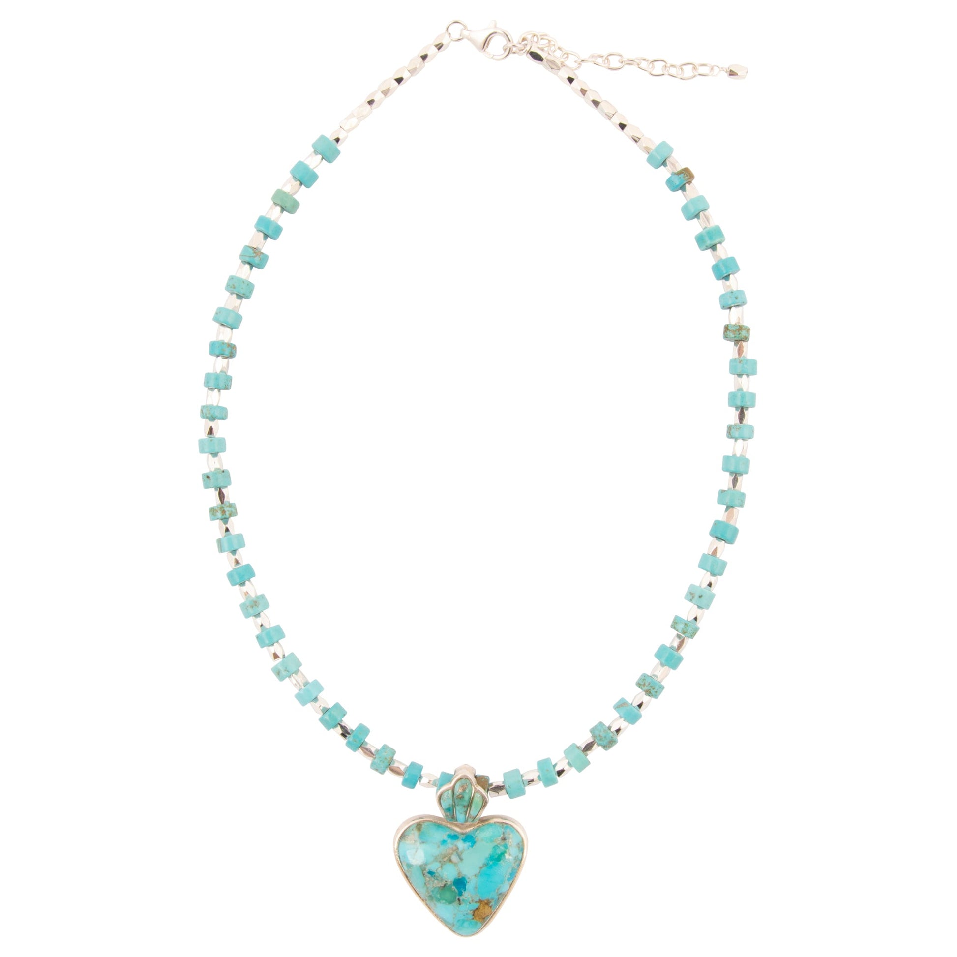 Necklace with heart-shaped turquoise pendant on a white background