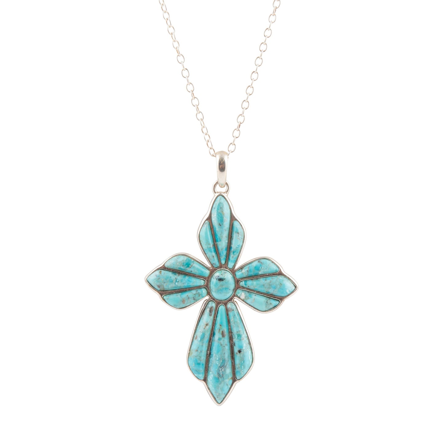 Turquoise flower-shaped pendant on a silver chain against a white background