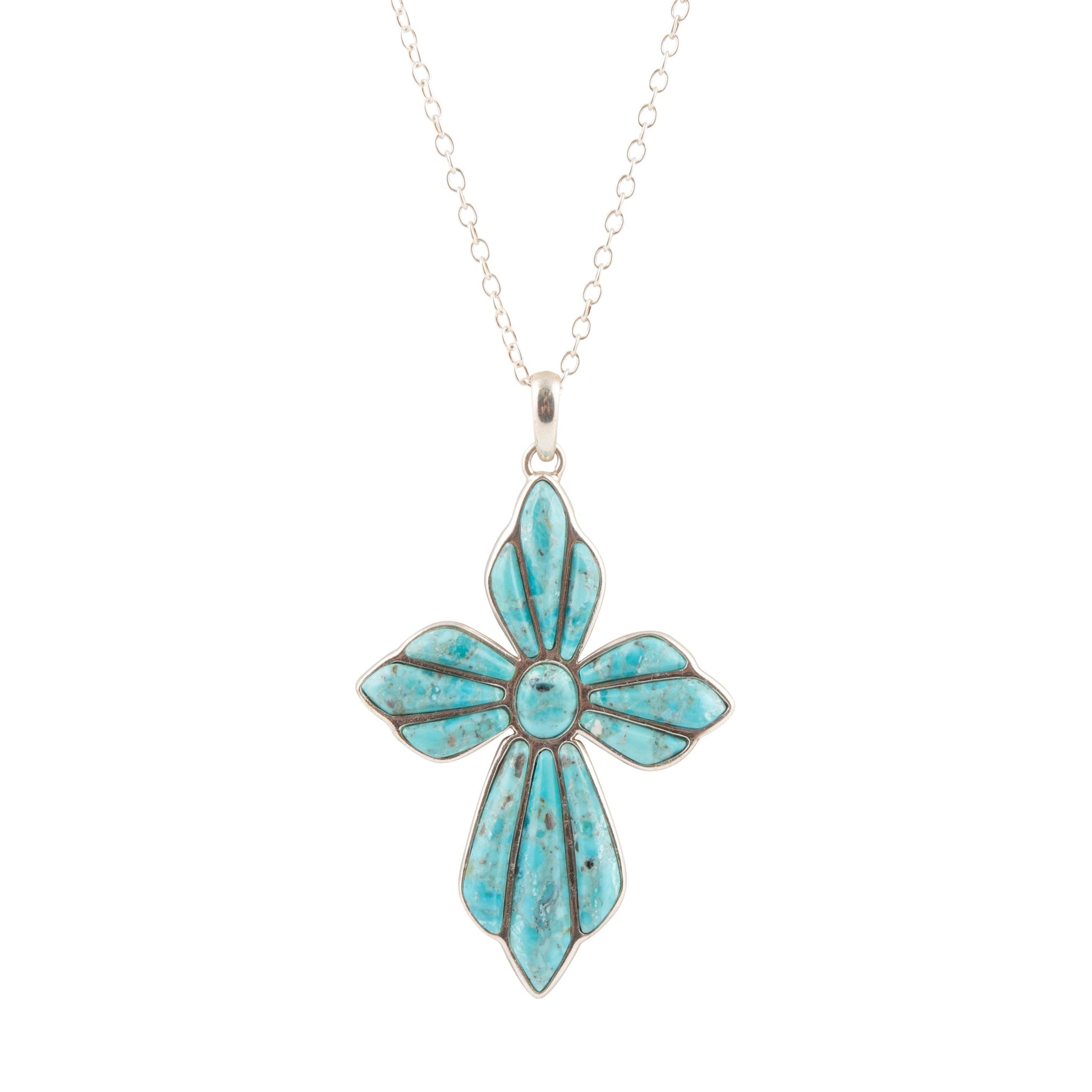 Turquoise flower-shaped pendant on a silver chain against a white background