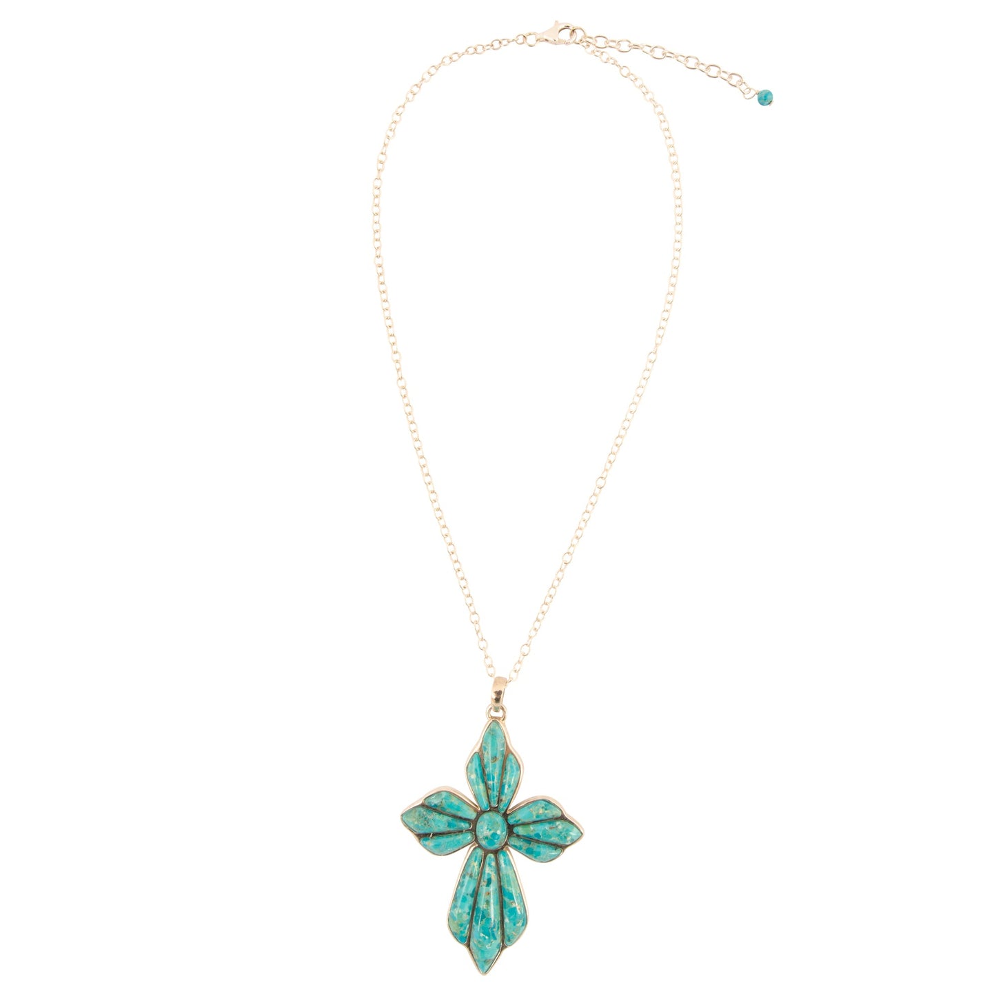 Necklace with a green flower pendant on a white background