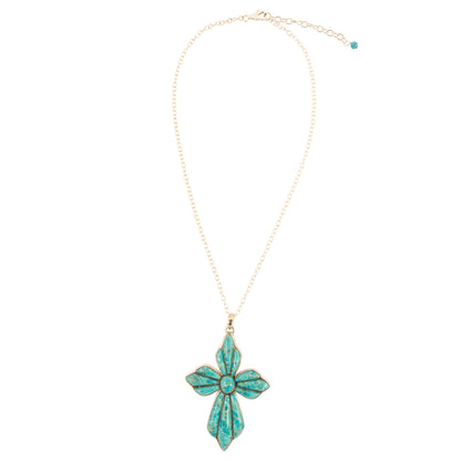 Necklace with a green flower pendant on a white background