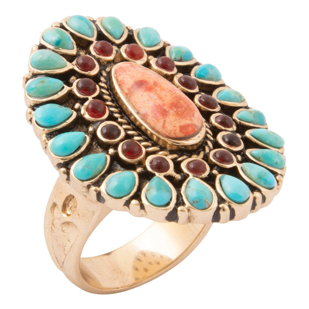 Adobe Blue Turquoise and Orange Coral Golden Statement Ring