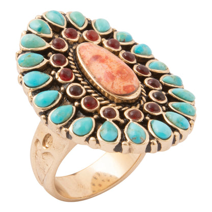 Adobe Blue Turquoise and Orange Coral Golden Statement Ring
