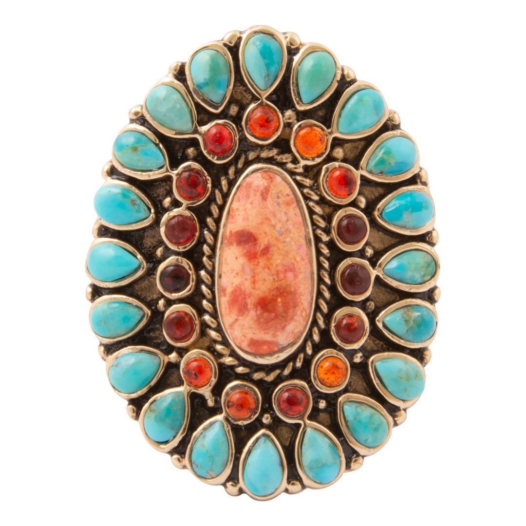 Adobe Blue Turquoise and Orange Coral Golden Statement Ring