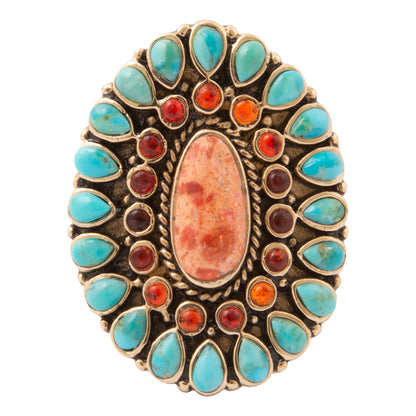 Adobe Blue Turquoise and Orange Coral Golden Statement Ring