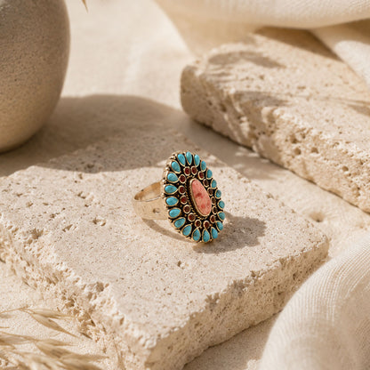 Adobe Blue Turquoise and Orange Coral Golden Statement Ring