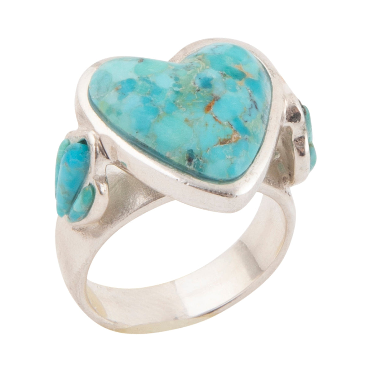 A sterling silver ring featuring a large heart-shaped turquoise cabochon and a smaller matching turquoise accent on the side, set against a plain white background.