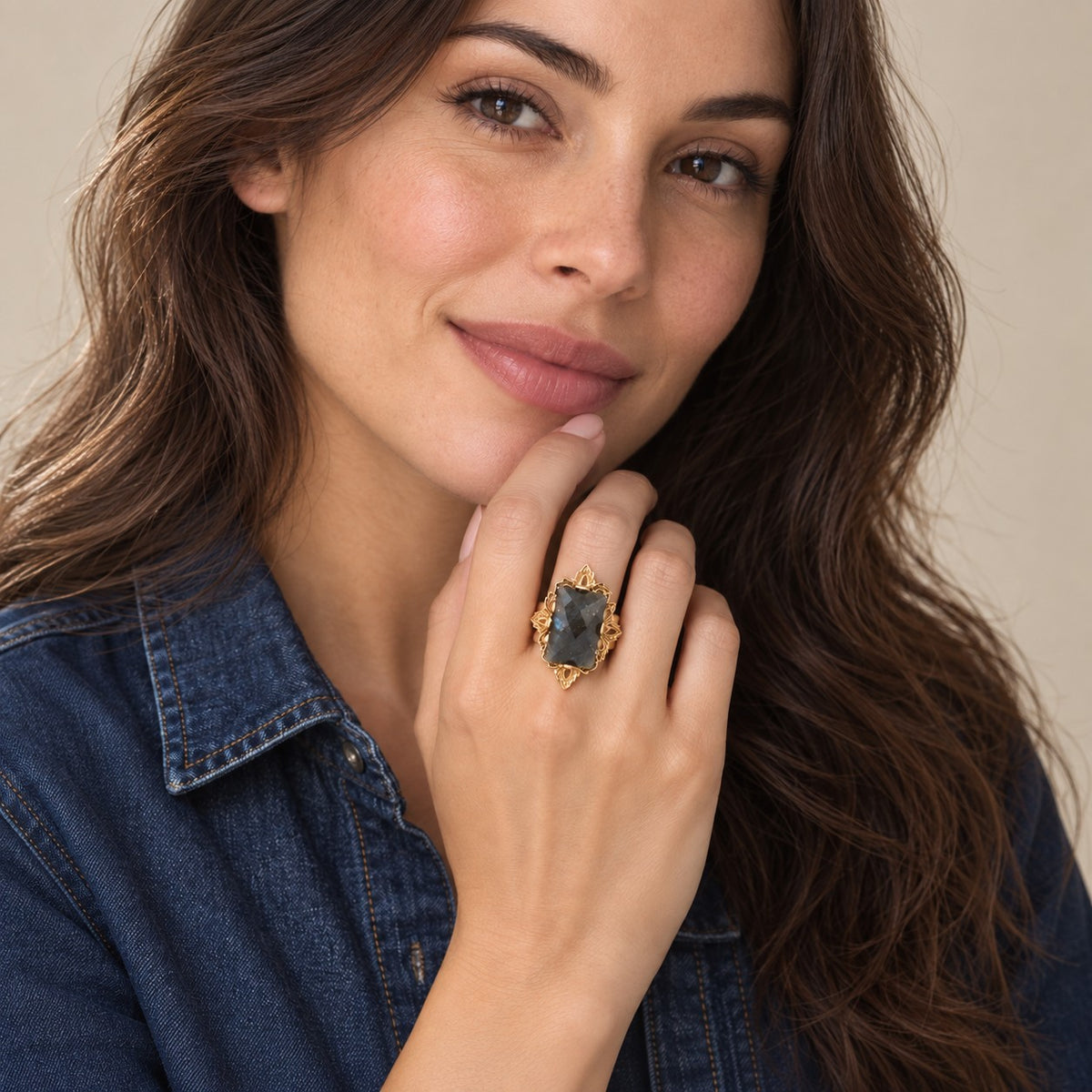 Faceted Black Labradorite Golden Statement Ring