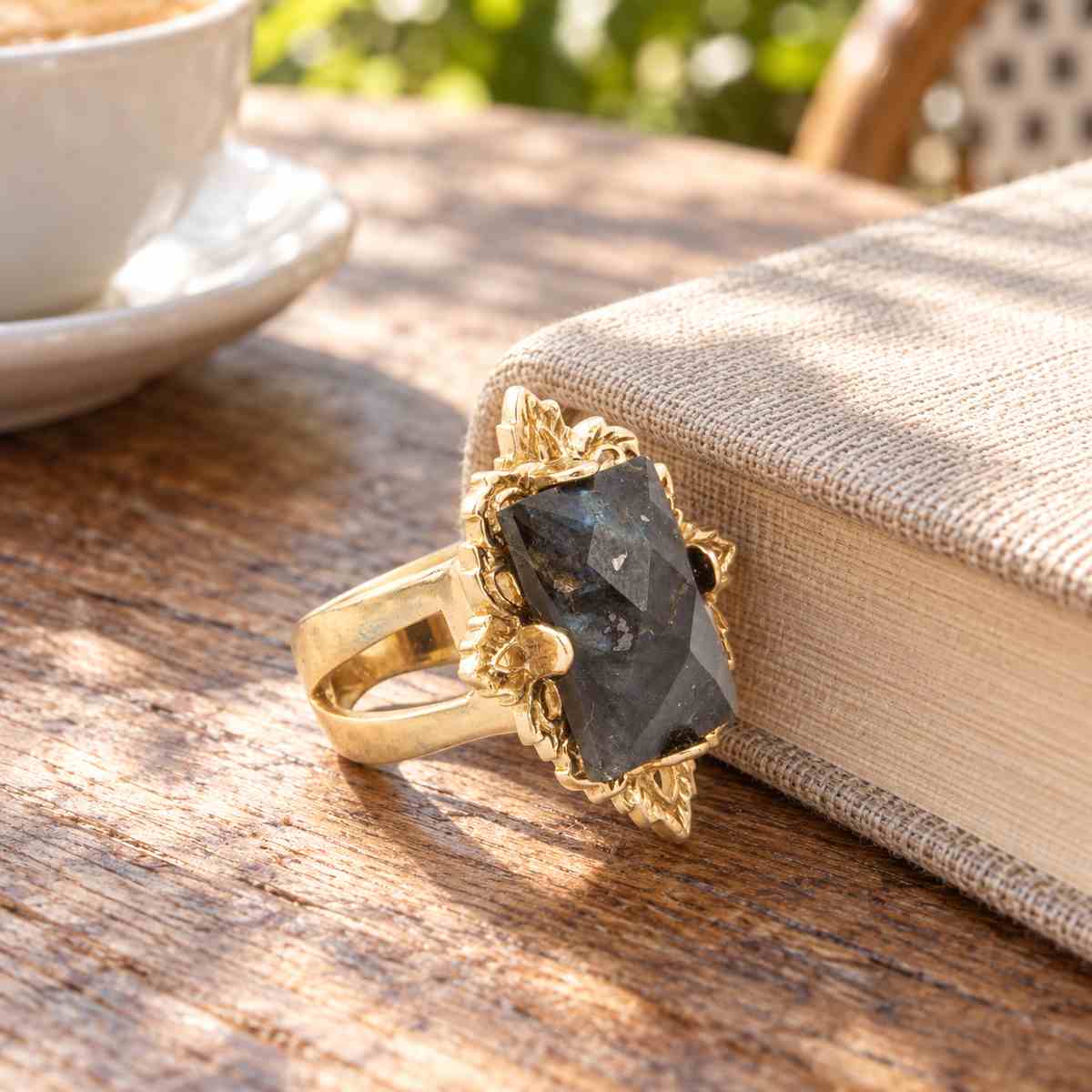Faceted Black Labradorite Golden Statement Ring