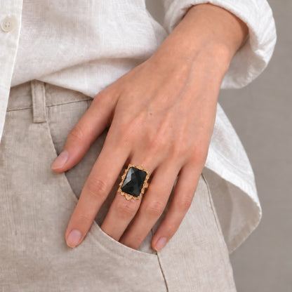 Faceted Black Labradorite Golden Statement Ring