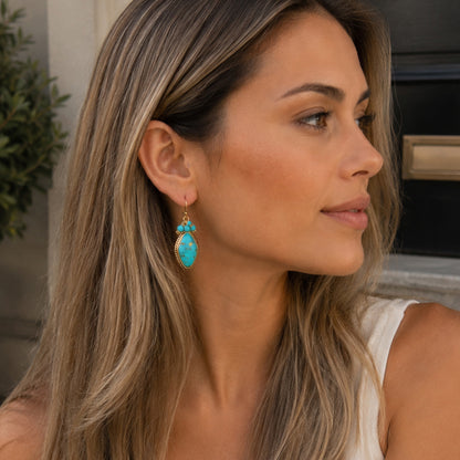 Big Sky Blue Turquoise Golden Cluster Drop Earrings