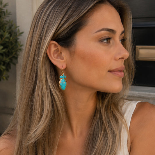 Big Sky Blue Turquoise Golden Cluster Drop Earrings