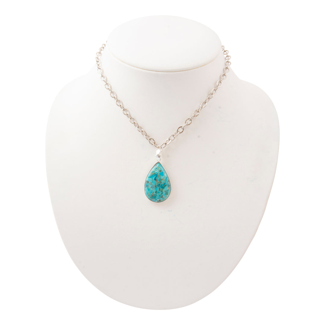 Blue Turquoise Teardrop Silver Chain Necklace