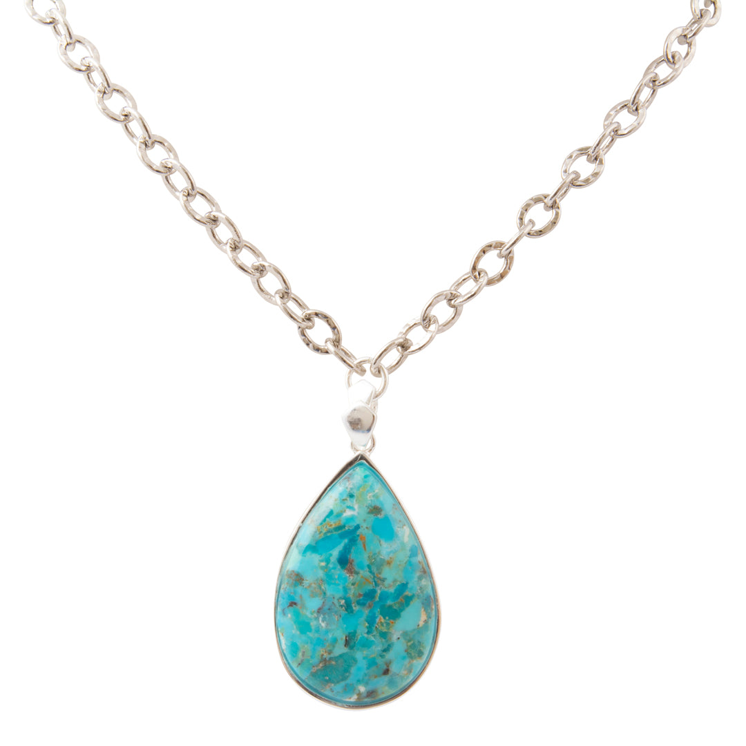 Blue Turquoise Teardrop Silver Chain Necklace