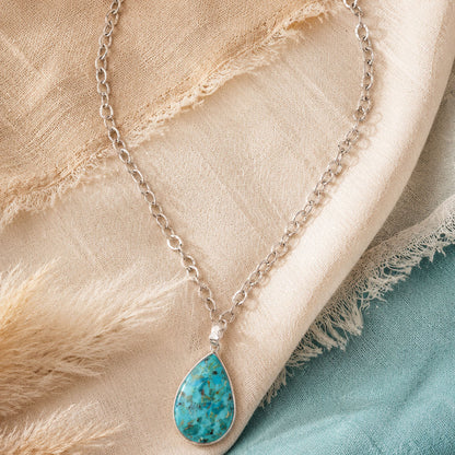 Blue Turquoise Teardrop Silver Chain Necklace