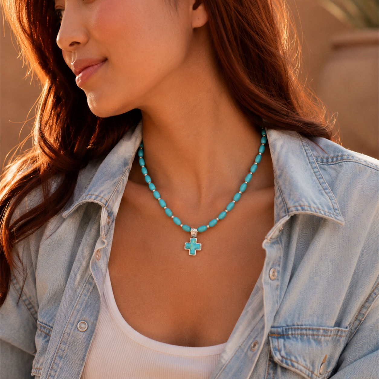 A woman wearing a turquoise beaded necklace with a turquoise cross pendant, styled with a light denim shirt over a white top.