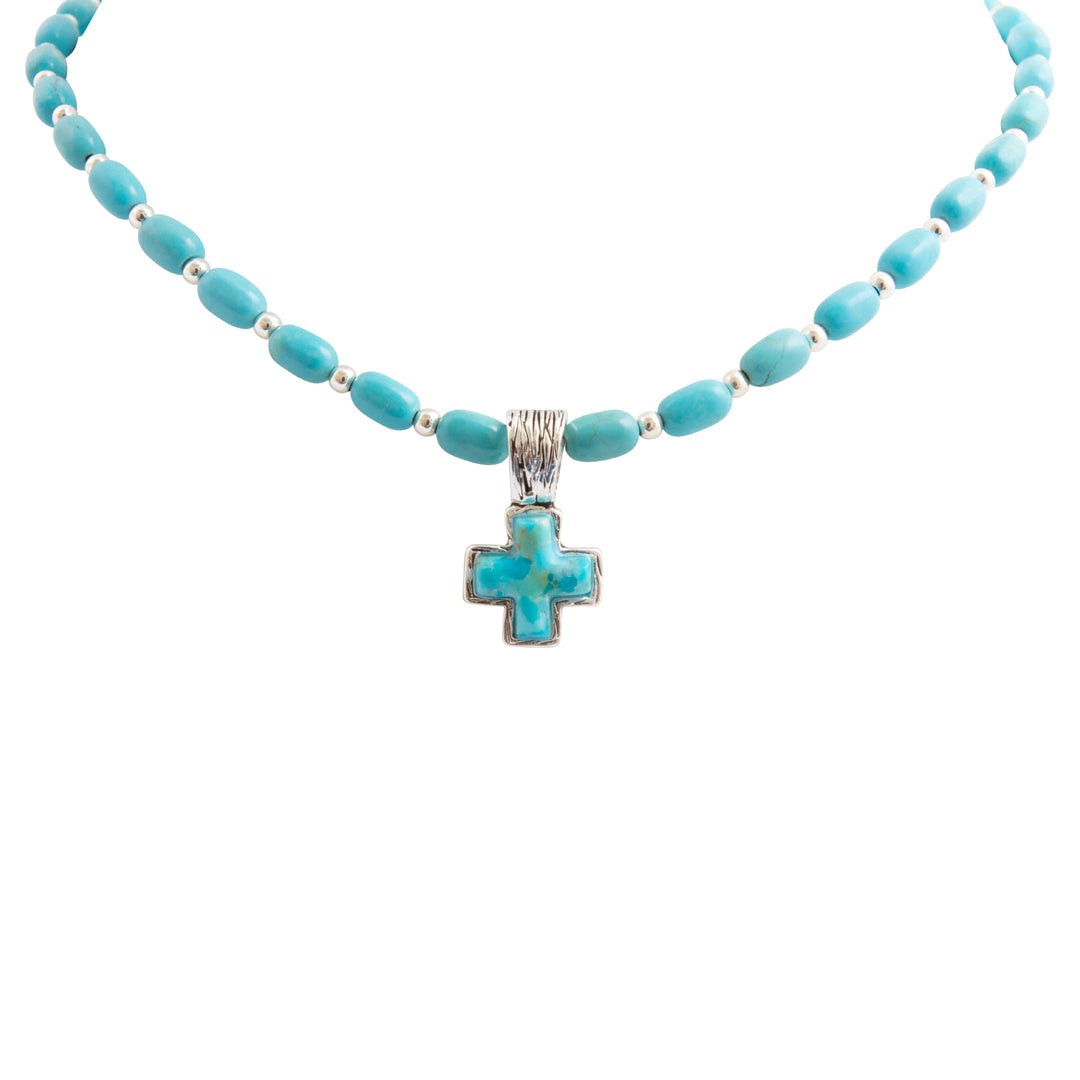 Full of Grace Blue Turquoise and Silver Cross Necklace