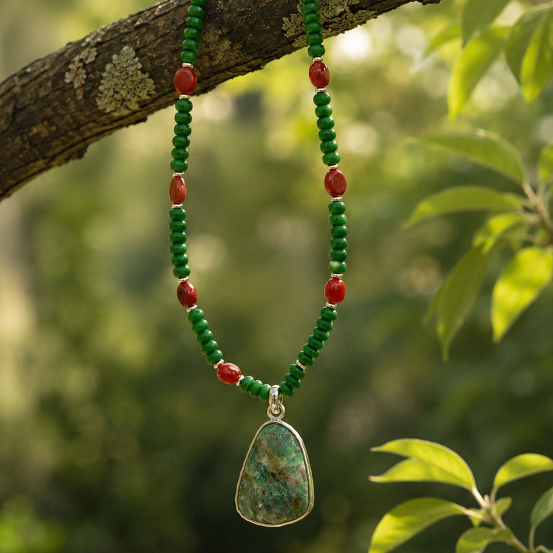 Luminous Blue Green Cuprite Silver Pendant Necklace