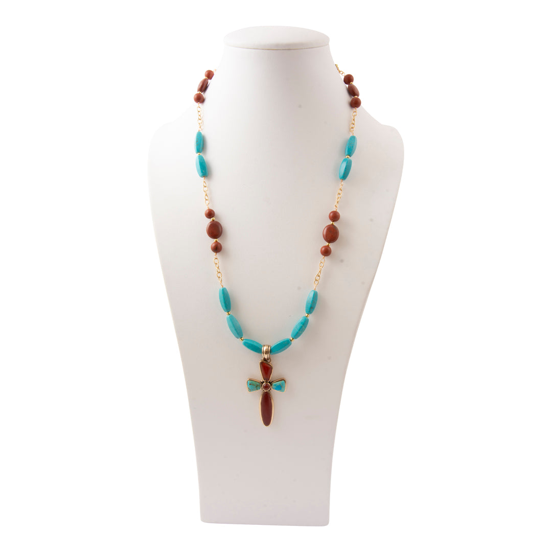 Crimson Sky Blue Turquoise Orange Carnelian Golden Cross Pendant Necklace