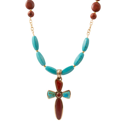 Crimson Sky Blue Turquoise Orange Carnelian Golden Cross Pendant Necklace