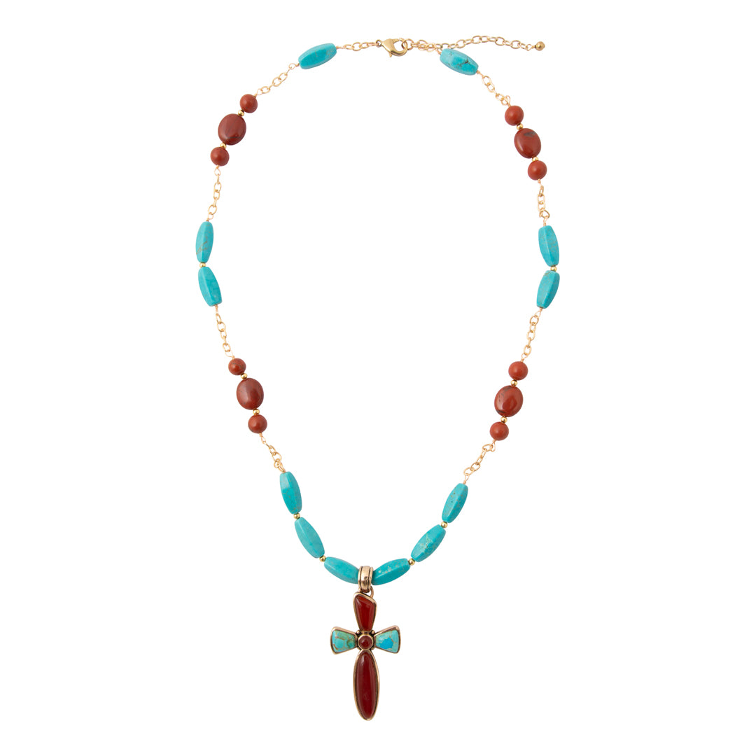 Crimson Sky Blue Turquoise Orange Carnelian Golden Cross Pendant Necklace