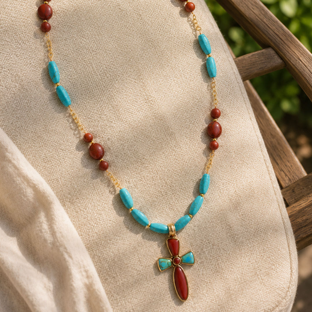 Crimson Sky Blue Turquoise Orange Carnelian Golden Cross Pendant Necklace
