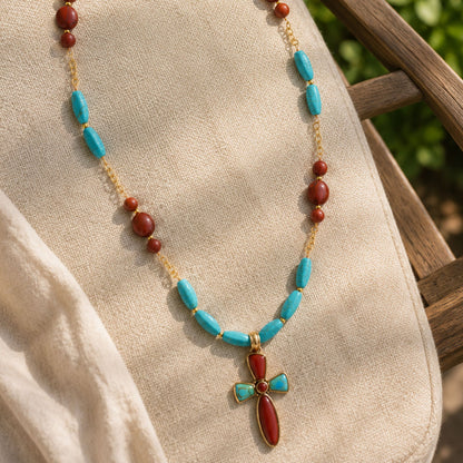 Crimson Sky Blue Turquoise Orange Carnelian Golden Cross Pendant Necklace