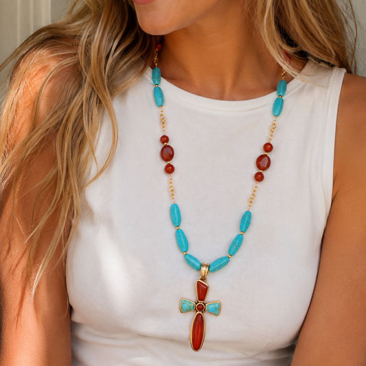 Crimson Sky Blue Turquoise Orange Carnelian Golden Cross Pendant Necklace