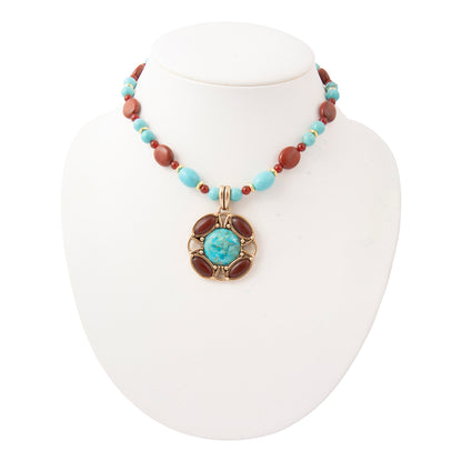 Crimson Sky Blue Turquoise Orange Carnelian Golden Pendant Necklace