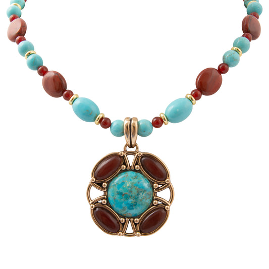 Crimson Sky Blue Turquoise Orange Carnelian Golden Pendant Necklace
