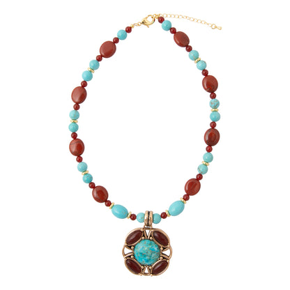 Crimson Sky Blue Turquoise Orange Carnelian Golden Pendant Necklace