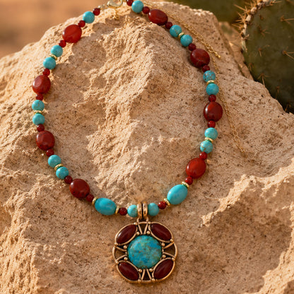 Crimson Sky Blue Turquoise Orange Carnelian Golden Pendant Necklace
