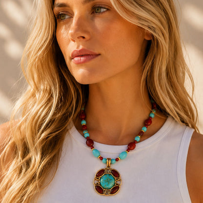 Crimson Sky Blue Turquoise Orange Carnelian Golden Pendant Necklace