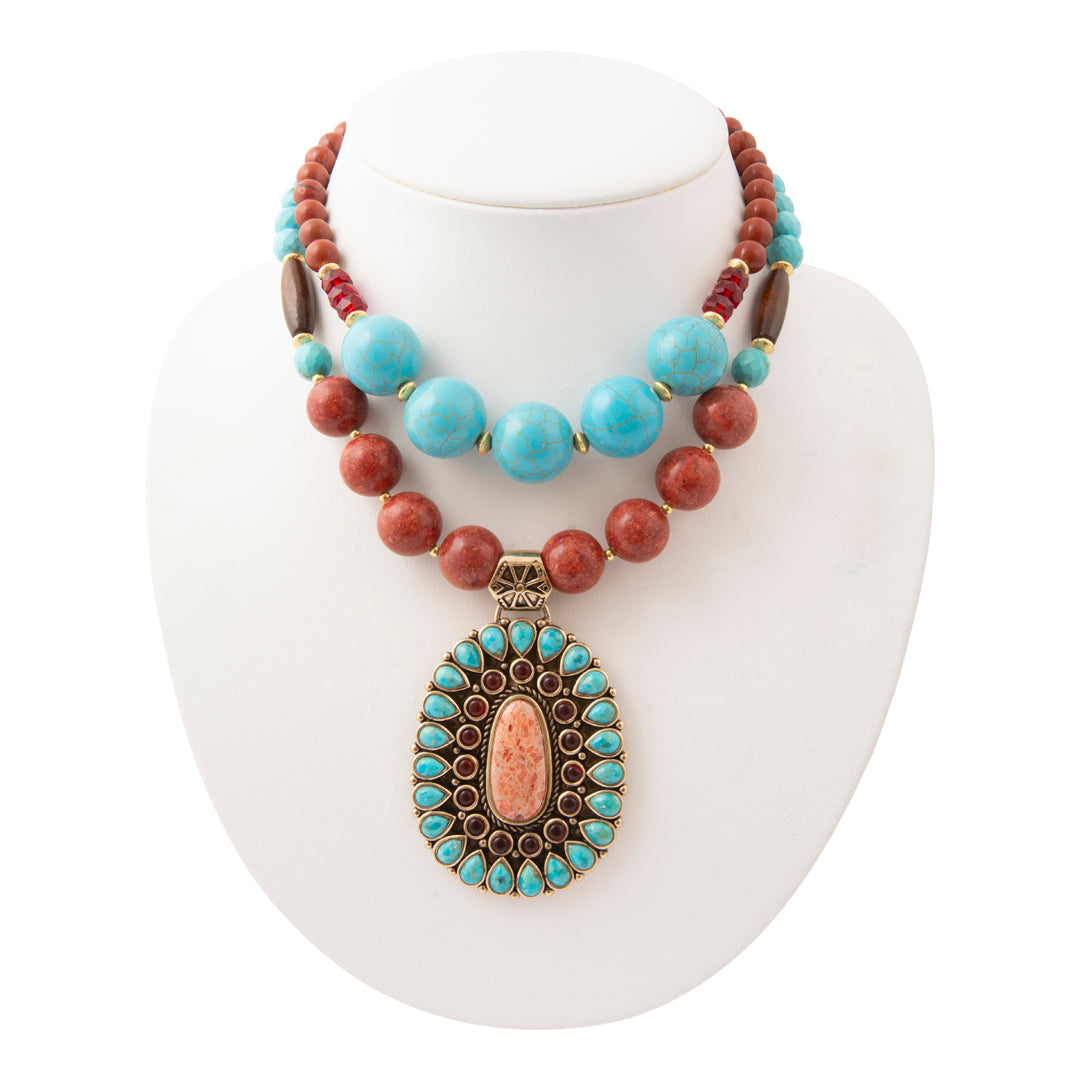 Adobe Blue Turquoise and Orange Coral Golden Pendant Statement Necklace