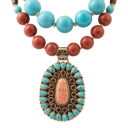 Adobe Blue Turquoise and Orange Coral Golden Pendant Statement Necklace