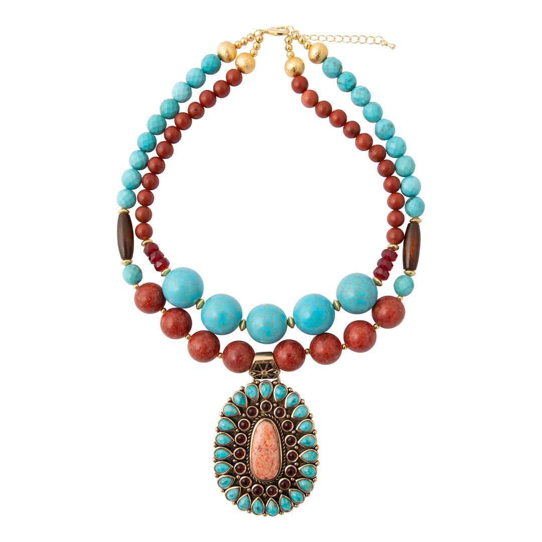 Adobe Blue Turquoise and Orange Coral Golden Pendant Statement Necklace