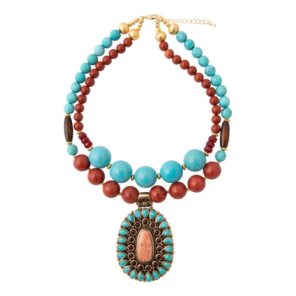 Adobe Blue Turquoise and Orange Coral Golden Pendant Statement Necklace