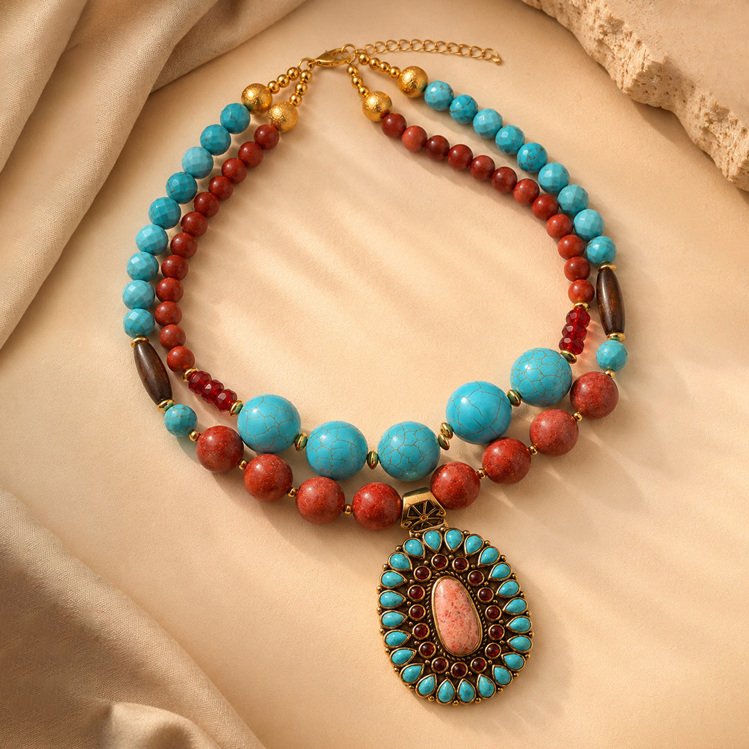Adobe Blue Turquoise and Orange Coral Golden Pendant Statement Necklace