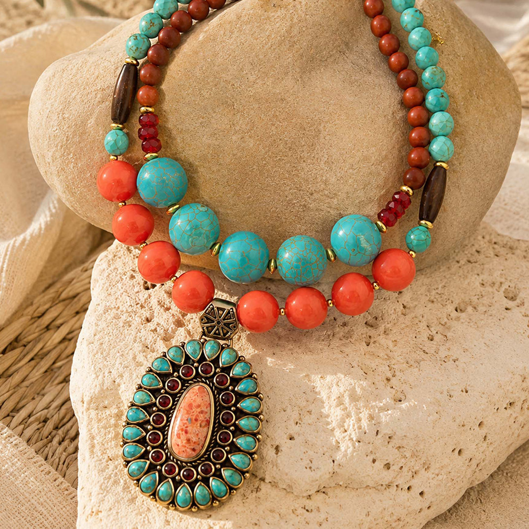 Adobe Blue Turquoise and Orange Coral Golden Pendant Statement Necklace