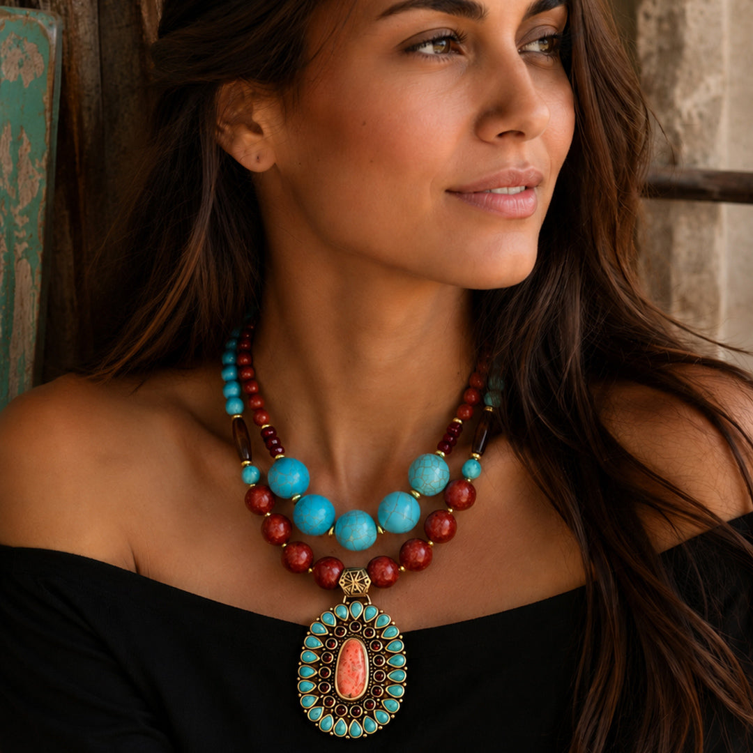 Adobe Blue Turquoise and Orange Coral Golden Pendant Statement Necklace