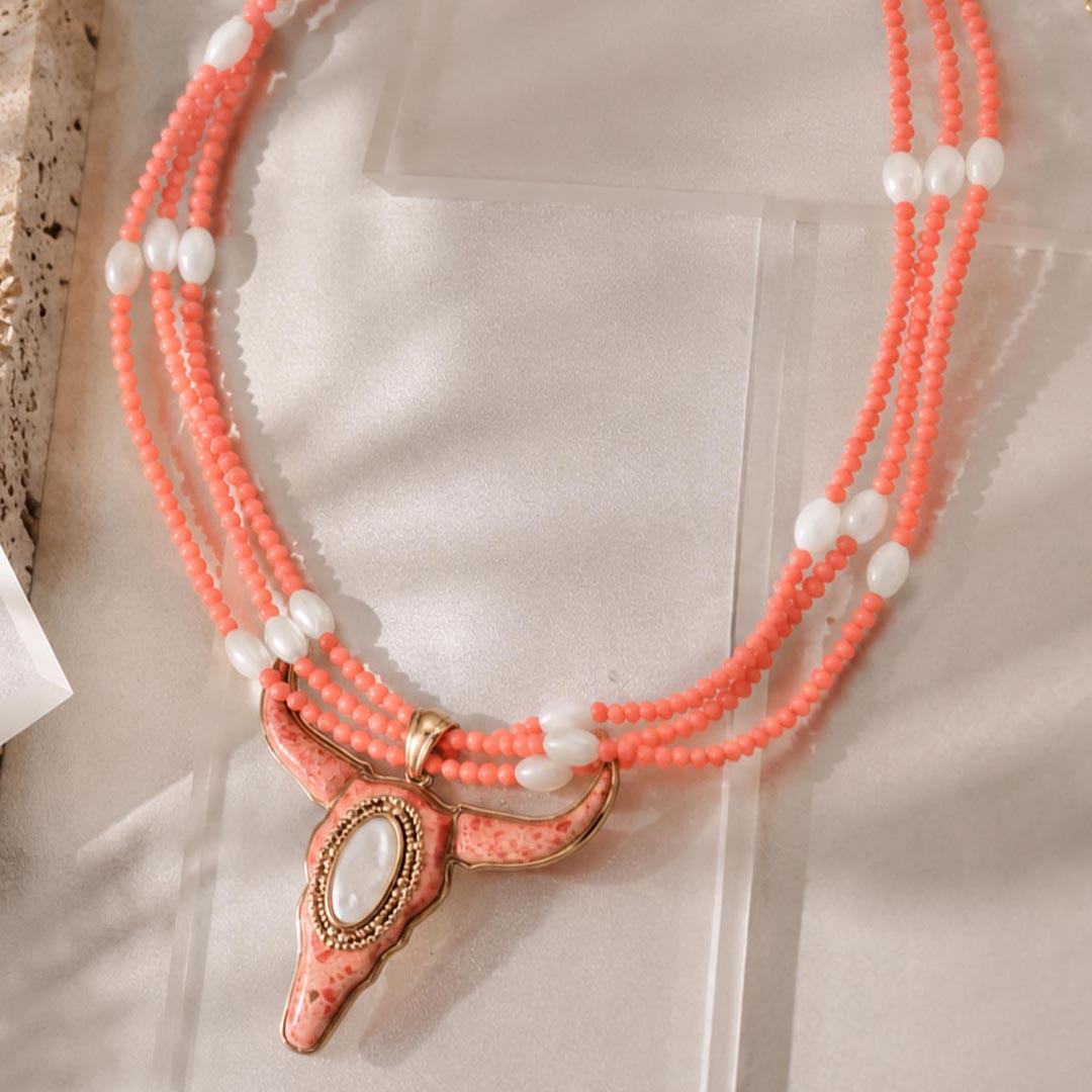 Longhorn Sunset Orange Coral Golden Statement Necklace