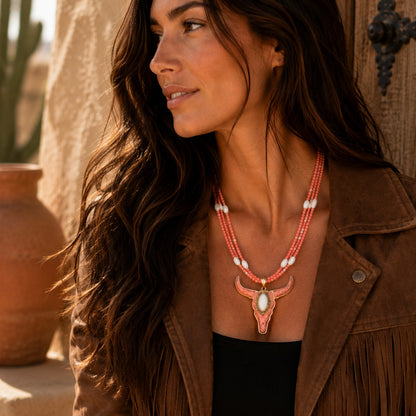 Longhorn Sunset Orange Coral Golden Statement Necklace
