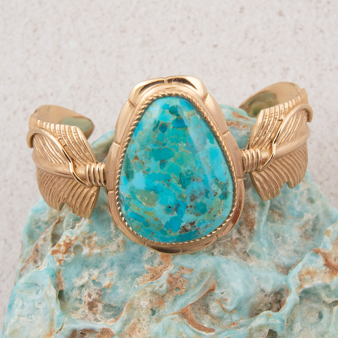 Desert Plume Blue Turquoise Golden Statement Cuff Bracelet