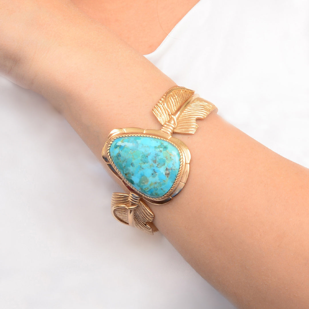 Desert Plume Blue Turquoise Golden Statement Cuff Bracelet